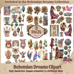 Bohemian Dreams | Junk Journal Kit | Printable Whimsy Bohemian Collage Images | Digital Paper Ephemera | Fussy Cuts with Outlines