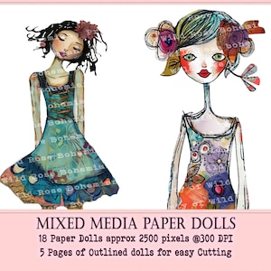 Collaged Art Paper Dolls, Mixed Media Girls Printable, Printable Sublimation Mixed Media, Printable Digital Doll Transparent PNGS image 2