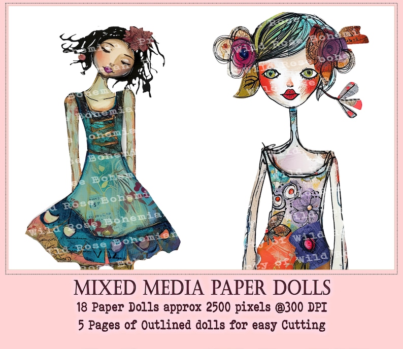 Collaged Art Paper Dolls, Mixed Media Girls Printable, Printable Sublimation Mixed Media, Printable Digital Doll Transparent PNGS image 2