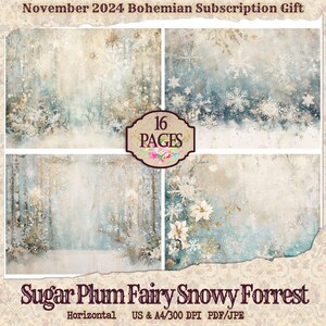 May include: A digital paper pack with 16 pages of winter-themed designs. The designs feature a snowy forest, snowflakes, and a light blue and white color scheme. The text "Sugar Plum Fairy Snowy Forrest" is at the bottom of the image. The text "16 PAGES" is in a brown frame in the center of the image.
