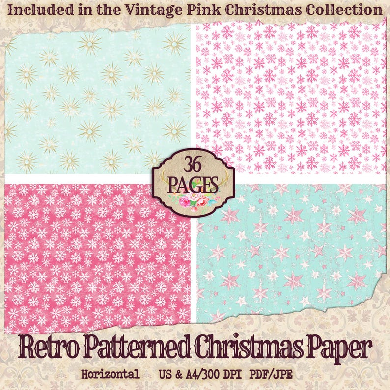 Pastel Pink Christmas Paper: Retro Winter Patterns | Junk Journal ...