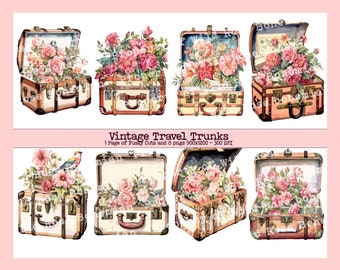 Könnte beinhalten: Acht Vintage-Reisekoffer mit Blumenarrangements im Inneren. Die Koffer sind mit Messingbeschlägen verziert und haben einen Used-Look. Die Blumenarrangements bestehen aus rosa, weißen und gelben Rosen.