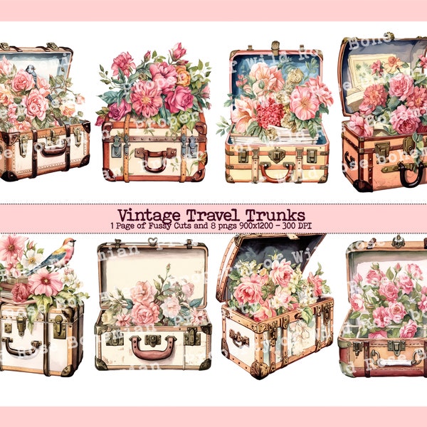 Vintage Travel Suitcases Graphics, Vintage Travel Trunks Clipart, Vintage Travel Suitcase PNGs, Shabby Chic Travel Suitcases Ephemera