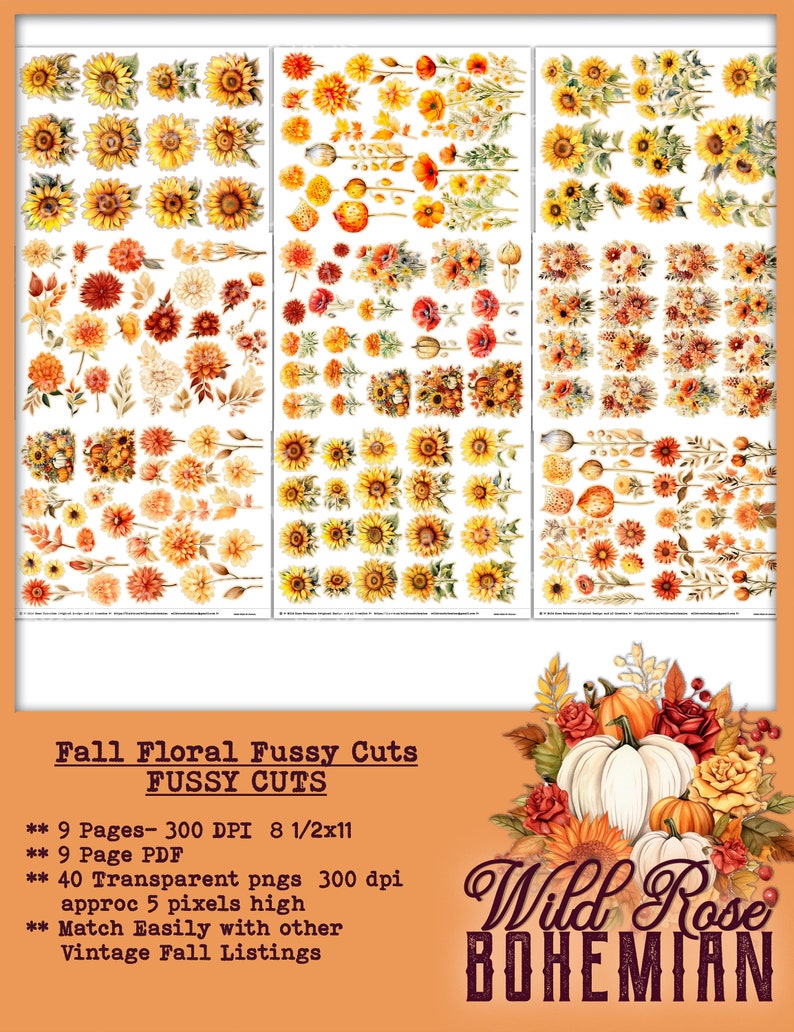 May include: A set of 40 digital fall floral fussy cuts, featuring sunflowers, pumpkins, and other autumnal elements. The digital images are high resolution and perfect for crafting projects.