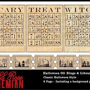 May include: Six vintage-style Halloween bingo cards with a spooky theme. The cards feature the words "Scary", "Treat", and "Witch" at the top and are filled with numbers. The cards are printed on a brown paper background with a distressed look.