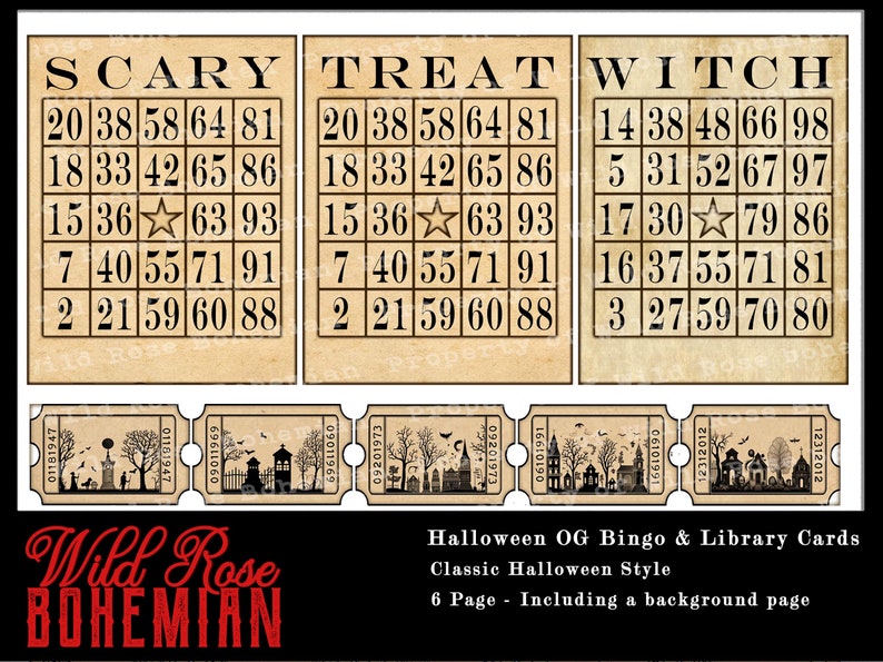 May include: Six vintage-style Halloween bingo cards with a spooky theme. The cards feature the words "Scary", "Treat", and "Witch" at the top and are filled with numbers. The cards are printed on a brown paper background with a distressed look.