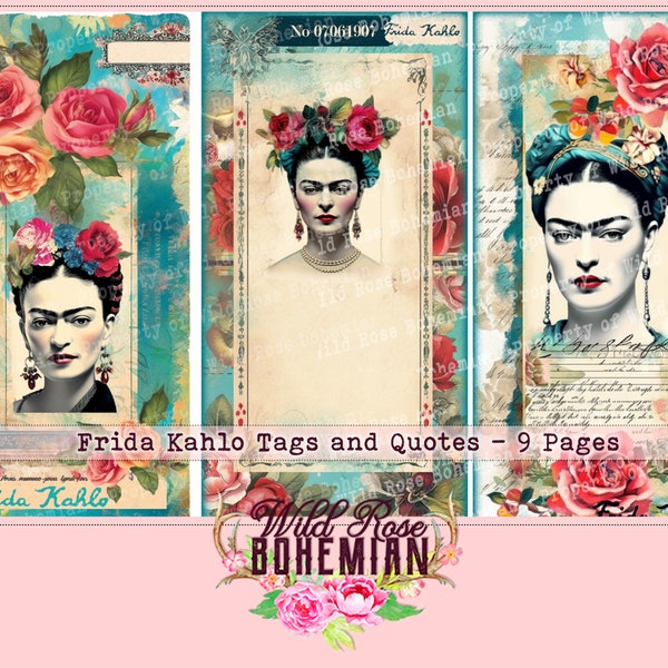 Frida Kahlo Tags and Quotes, Frida Kahlo Hang Tags, Frida Kahlo Ephemera, Frida Kahlo Junk Journal Kit, Frida Kahlo Images, Frida Kahlo