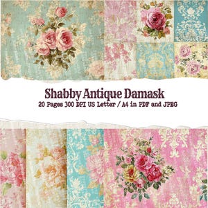 May include: A collection of vintage-style digital papers with floral and damask patterns in shades of pink, blue, and cream. The papers feature roses and antique textures, with the text "Shabby Antique Damask".
