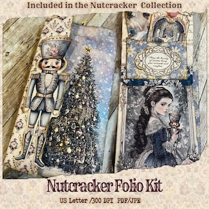 Peut inclure: Un kit numérique imprimable pour créer un folio sur le thème du Casse-Noisette. Le kit comprend un soldat casse-noisette, un sapin de Noël, une fille tenant un casse-noisette et une citation sur la beauté de l'hiver. Le kit est conçu pour du papier de format US Letter et est de 300 DPI.