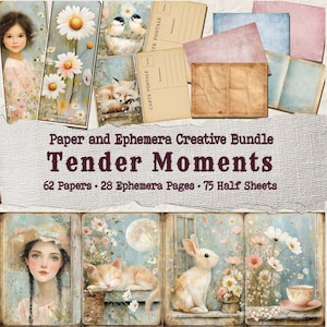 Op de afbeelding: Een creatieve bundel van papier en ephemera met de tekst "Tender Moments". De bundel bevat 62 vellen papier, 28 ephemera pagina's en 75 halve vellen. De afbeelding toont illustraties van een meisje, bloemen, dieren en ansichtkaarten.