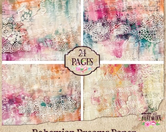 Bohemian Lace Art Paper, Boho Watercolor Lace Art for Journal Makers. Artists and Collage Art. Printable Paper and ARt, Digital Ephemera