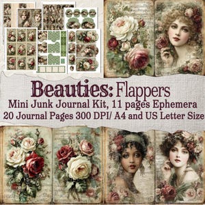 Puede incluir: Un kit de diario digital llamado "Beauties: Flappers". El kit incluye 11 páginas de efímeras y 20 páginas de diario, con una resolución de 300 DPI. Las páginas están diseñadas para tamaños A4 y US Letter. La imagen presenta ilustraciones de estilo vintage.