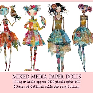 Collaged Art Paper Dolls, Mixed Media Girls Printable, Painted Printable Sublimation Mixed Media, Printable Digital Doll Transparent PNGS