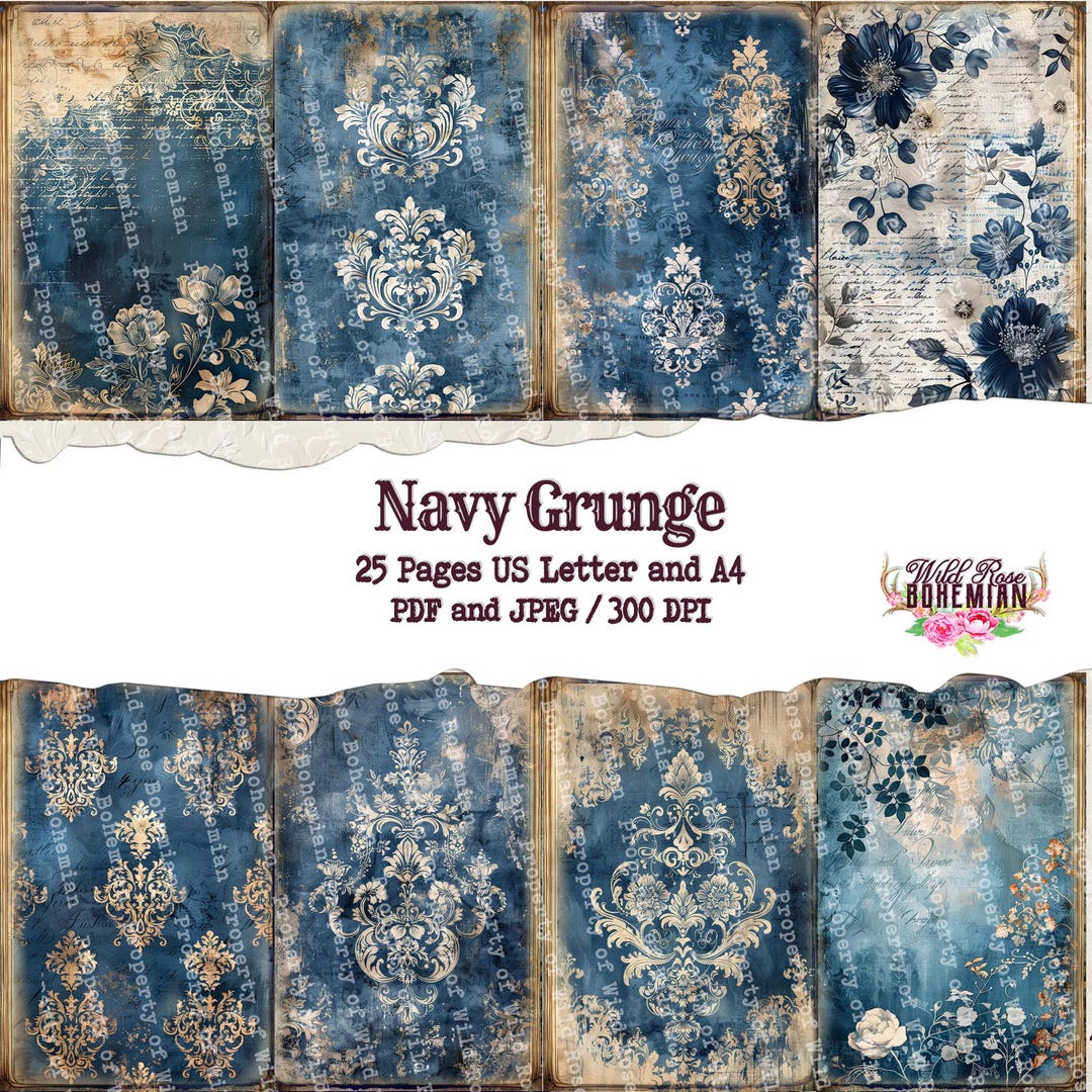 Blue Floral Damask Vintage Printable Paper: Antique Ephemera for Junk ...