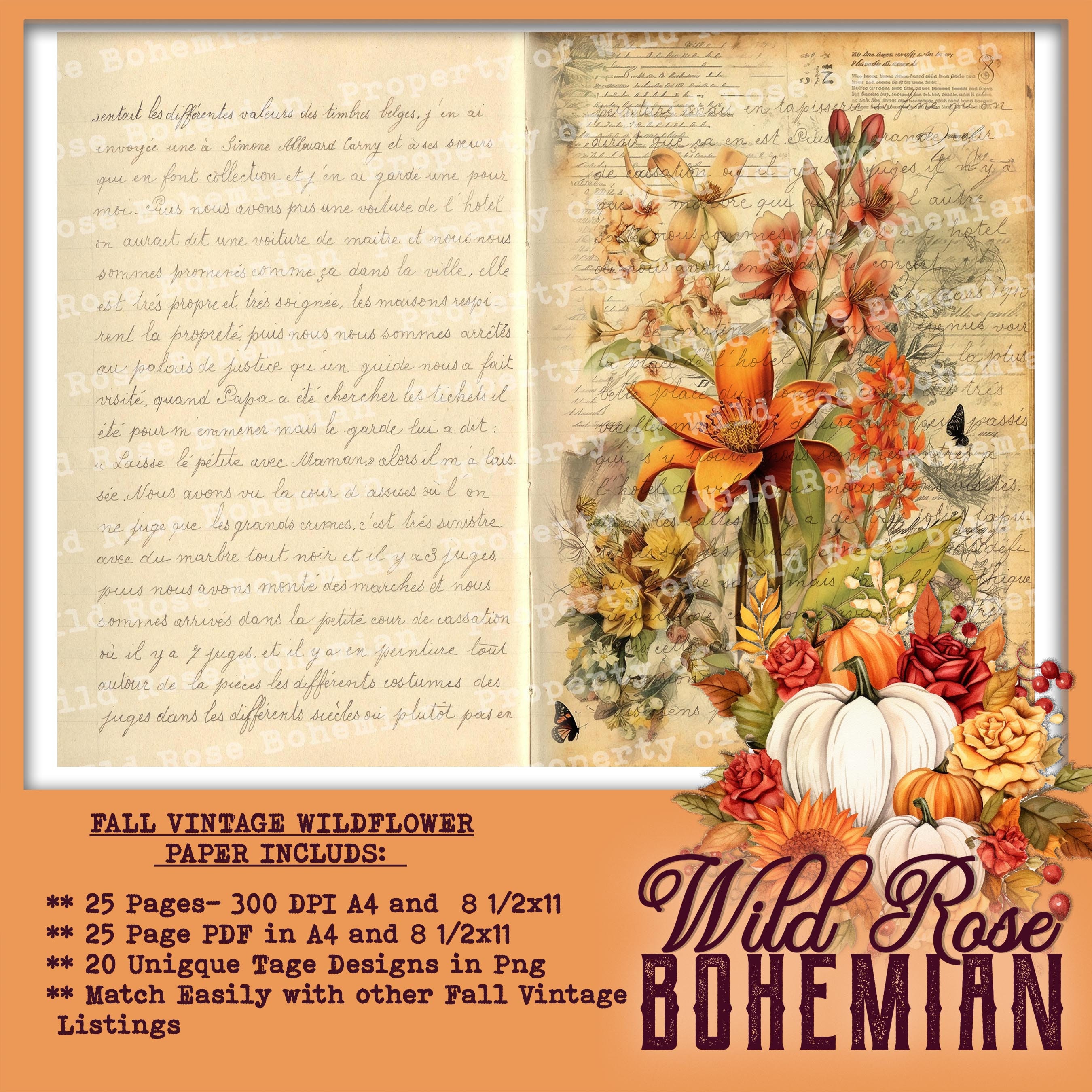 Vintage Wildflower Fall Script Paper, Fall Floral Antique Digital ...