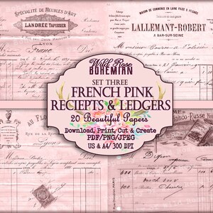 May include: A set of 20 printable French pink receipts and ledgers. The papers feature a vintage aesthetic with handwritten text and decorative flourishes. The papers are perfect for crafting, journaling, or scrapbooking.