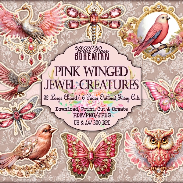 Butterfly, Dragonfly, Bird Clipart, Ornate Transparent Butterfly PNGS, Vintage Pink and Gold Fussy Cuts, Kiss Cuts,  Outlined Fussy Cuts