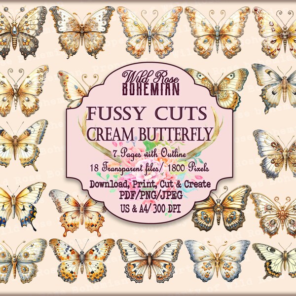 Butterfly Clipart, Ornate Transparent Butterfly PNGS, Vintage Cream and Gold Butterfly Fussy Cuts, Kiss Cuts, 18th Century French Graphics,