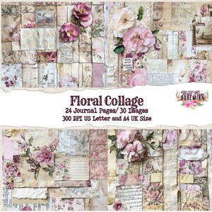 Collaged Wallpaper Floral Digital Printable, Printable French Pink Paper, Wild Rose Digital, Junk Journal Pink rose Paper Digital Printable