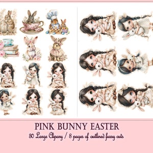 May include: A digital clipart set featuring 30 images of pink bunnies and girls holding bunnies. The images are perfect for Easter crafts and projects. The set includes 8 pages of outlined fussy cuts.