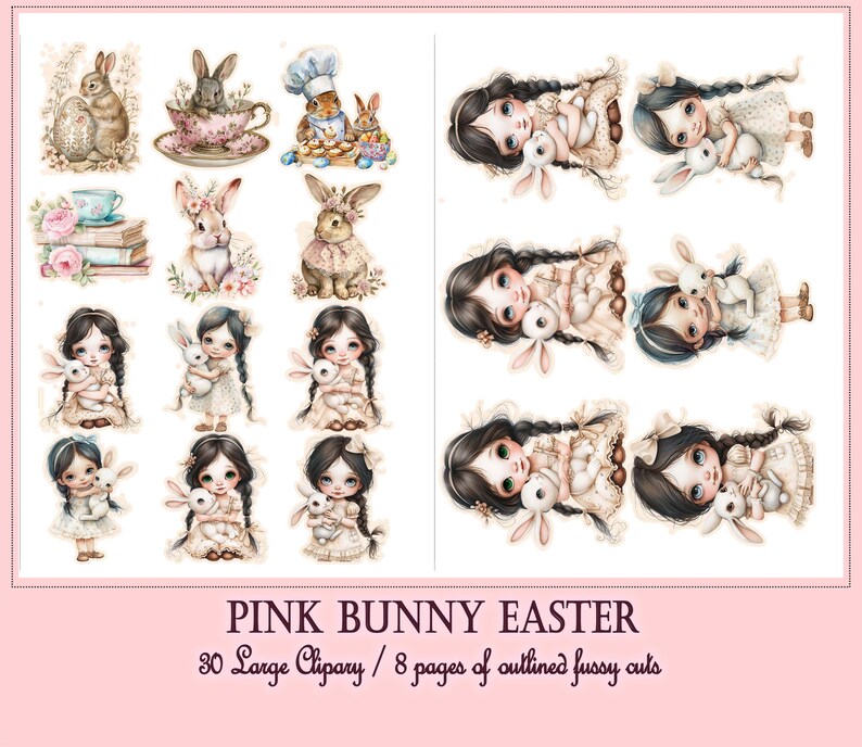 May include: A digital clipart set featuring 30 images of pink bunnies and girls holding bunnies. The images are perfect for Easter crafts and projects. The set includes 8 pages of outlined fussy cuts.