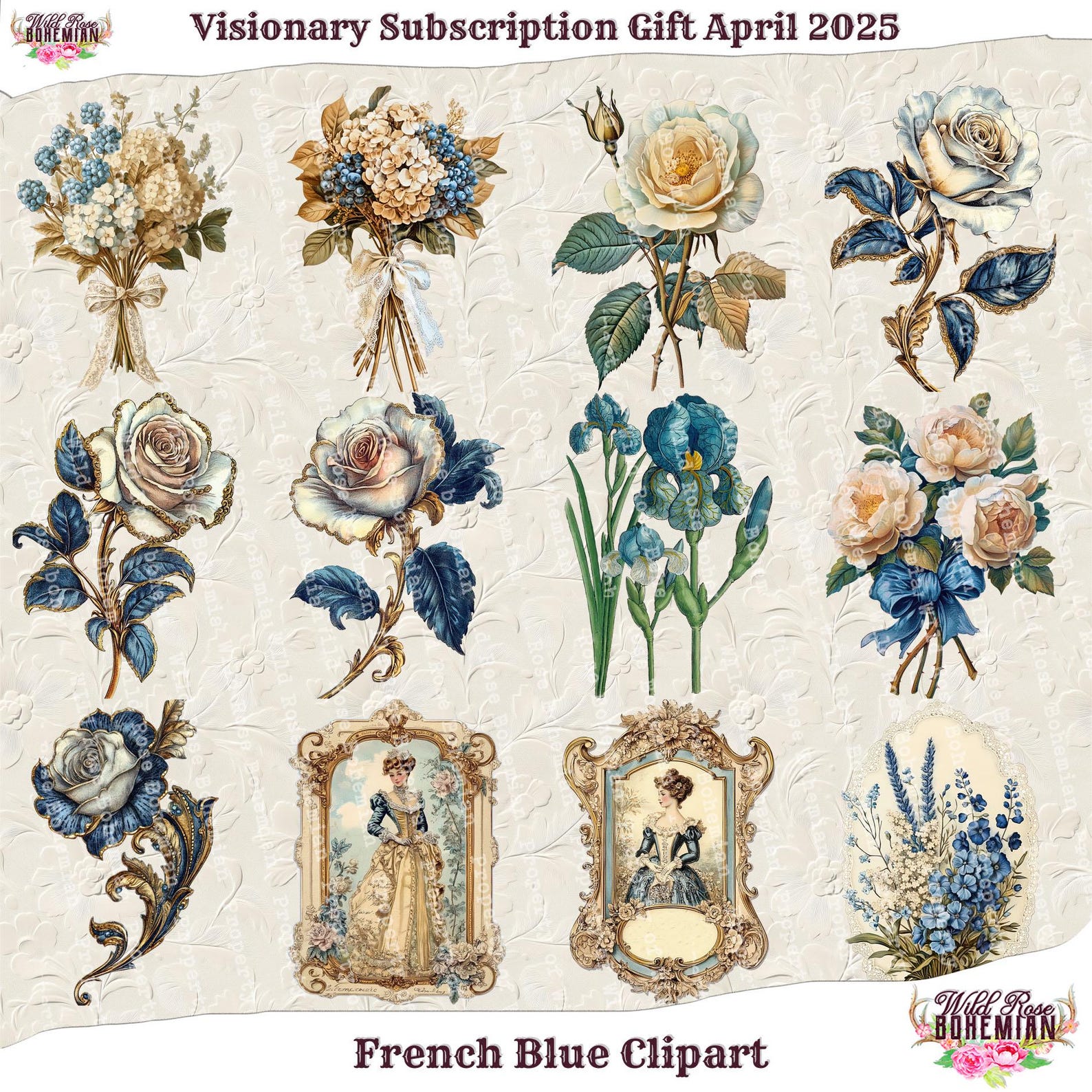 Rococo Flower Sticker Fernch Blue Scrapbooking Png, Digital Kisscuts, Baroque Antique Clipart ...