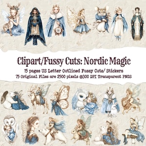 May include: A collection of watercolor clipart featuring Nordic-themed fantasy characters, including fairies, animals, and figures in blue and white attire. The text "Clipart/Fussy Cuts: Nordic Magic" is displayed.