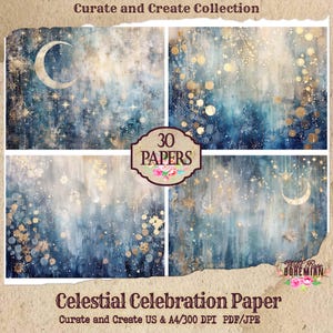 Celestial Moon Junk Journal Paper | Printable | Digital Paper Ephemera | Distressed Collage Bohemian | Stars and Moons Mixed Media Collage