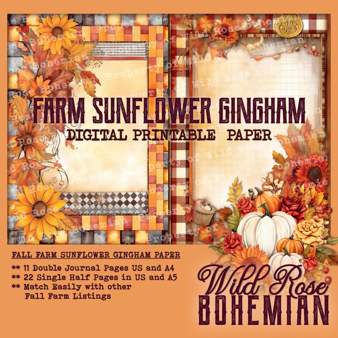 Fall Sunflower Gingham Journal Digital Paper, Fall Farm Gingham ...