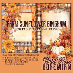 Fall Sunflower Gingham Journal Digital Paper,  Fall Farm Gingham Sunflower Journal Pages, Junk Journal, Farm Gingham  Digital, Sunflower