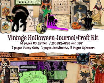 Halloween Vintage Retro Ephemera and Fussy Cuts Junk Journal Kit Printable Ephemera, Printable Antique Halloween Journal Ephemera