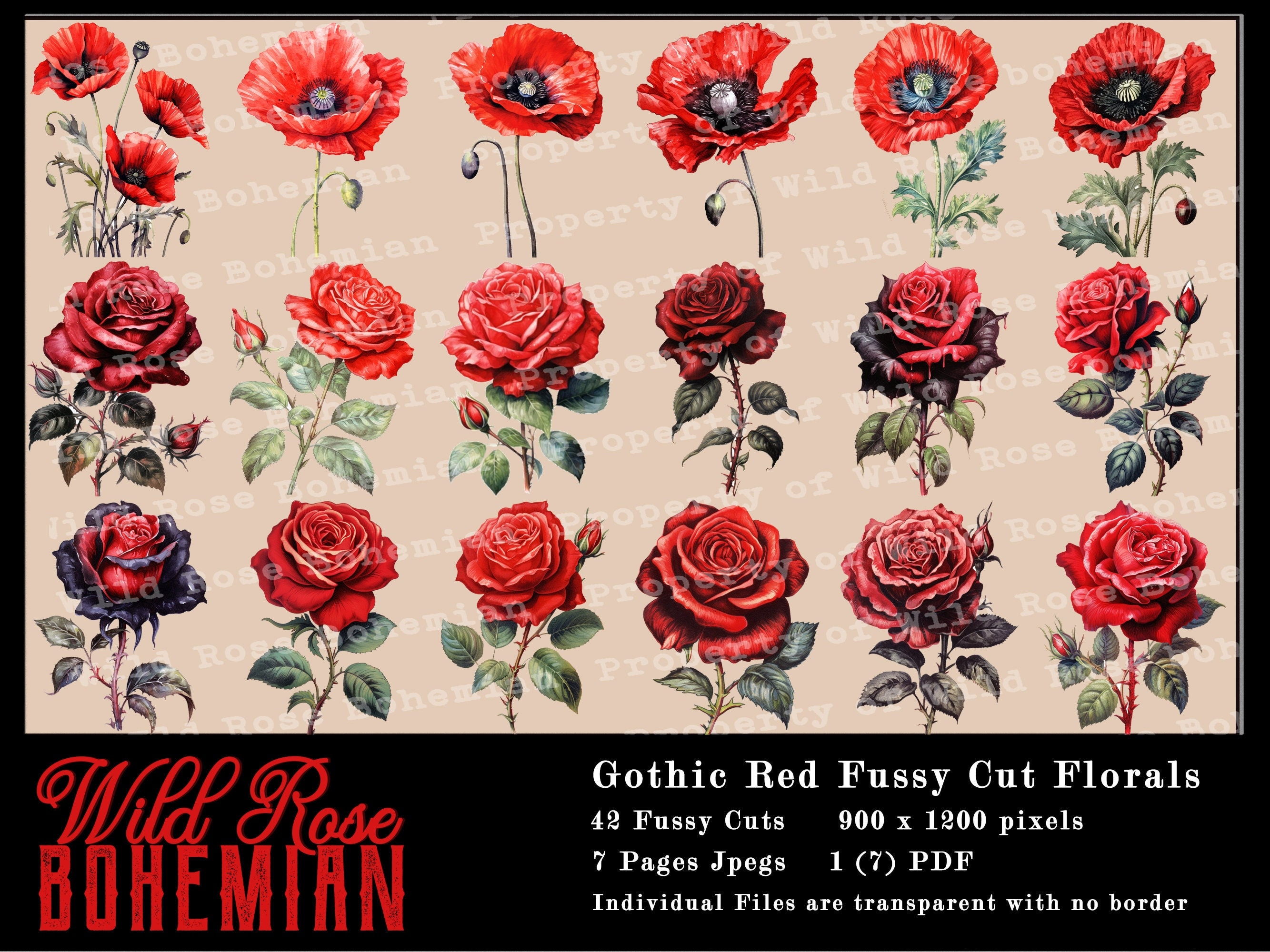Red Rose Gothic Clipart, Gothic Roses Graphics, Gothic Fussy Cuts PNGS ...