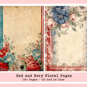 Vintage Red, White & Blue Americana Shabby Chic Junk Journal Pages | Digital Papers | Ephemera Pack | Scrapbooking Junk Journaling Kit