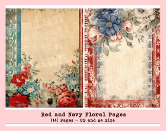Vintage Red, White & Blue Americana Shabby Chic Junk Journal Pages | Digital Papers | Ephemera Pack | Scrapbooking Junk Journaling Kit