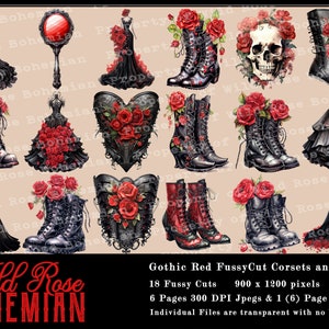 May include: 18 digital images of gothic red and black corsets and boots with red roses. The images are 900 x 1200 pixels and are 300 DPI. The text "Wild Rose Bohemian" is at the bottom of the image.