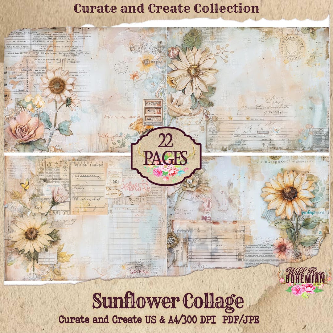 Collaged Sunflower Digital Paper Pack | Vintage Sunflower Printable ...