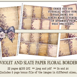 Victorian Floral Bordered Printable Paper, Vintage Antique Paper, Junk JOurnal Kit, Digital, collage , Violet and Slate Winter Paper