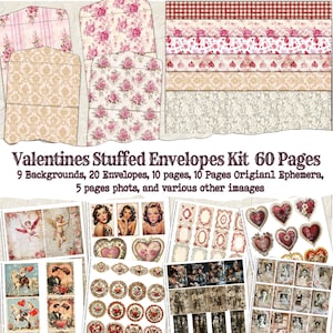 Valentine Vintage Stuffed Envelope Kit Digital Printable,Envelopes, Wild Rose Digital, Junk Journal ANtique Collage Paper Digital Print