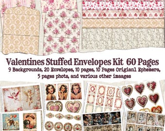 Valentine Stuffed Envelopes Kit: Vintage Ephemera Victorian, scrapbooking valentine mega kit, creative valentine printable paper kit, art