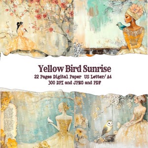 Mixed Media Beauties Paper Pack | Bird and Paintings Digital Backgrounds |  Printable | Artistic Background Painted Yellow Abstract Fun