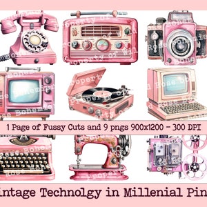 Shabby Chic Television graphics, Vintage Radio clipart, Vintage Millenial Pink Technology PNG, Printable Fussy Cuts, Pink Typewriter png