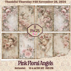 Shabby Pink Floral Angels –  Scenes for  Scrapbooking - Roses and Angels Printable Paper, Christmas Shabby Chic Pink, Vintage pink