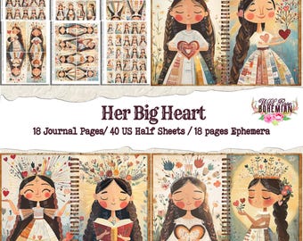 May include: A digital printable journal kit featuring a girl with a big heart and a floral crown. The kit includes 18 journal pages, 40 US half sheets, and 18 pages of ephemera. The text "Her Big Heart" is displayed at the bottom of the image.
