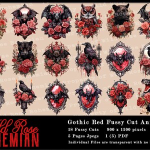May include: Gothic Red Fussy Cut Animals digital clipart set featuring 18 images of owls, bats, ravens, snakes, and other creatures with red roses. The images are 900 x 1200 pixels and are transparent with no border.