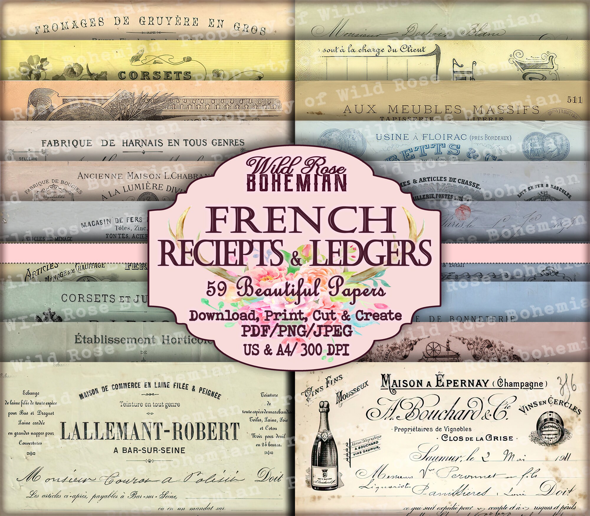 French Invoices Digital Printable, Printable French Ephemera, French Ephemera Digital, Junk ...