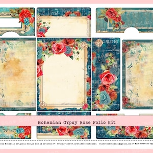 May include: A digital collage kit featuring a bohemian gypsy rose theme. The kit includes various digital papers, frames, and embellishments with a vintage aesthetic. The colors are predominantly blue, red, and white.