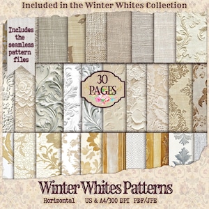 White Lace and Linen Digital Paper Pack | 30 Vintage pattern papers | High-Resolution Printable Scrapbook and Junk Journal Pages | Winter