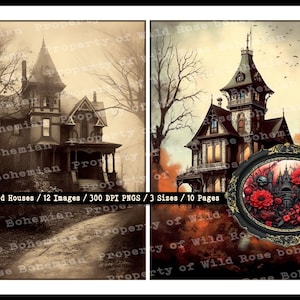 Haunted Houses Printable Cards, Haunted Halloween Junk JOurnal, Haunted House Ephemera, Halloween Junk Journal Kit, Halloween Printable,