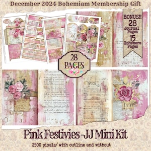 Christmas Pink and Gold Mixed Media Paper, Roses, WInter Paper, Pink vintage Christmas, Antique Pink Christmas Mixed media Junk Journal Kit