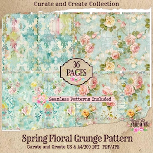 Spring Grunge Floral Pattern | Printable Journal Pages | Digital Paper Ephemera | Distressed Collage Vintage | Damask Pastel Grunge Seamless